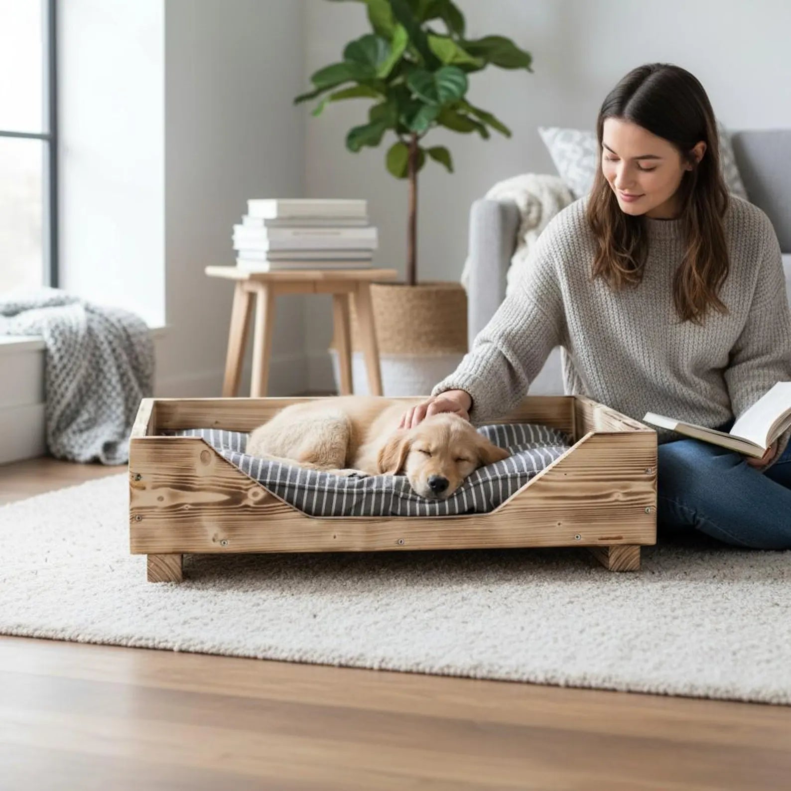 Cuscino in legno per cani - 60 x 40 - Colore: bianco, bianco, marrone o legno naturale - Mobile per cani