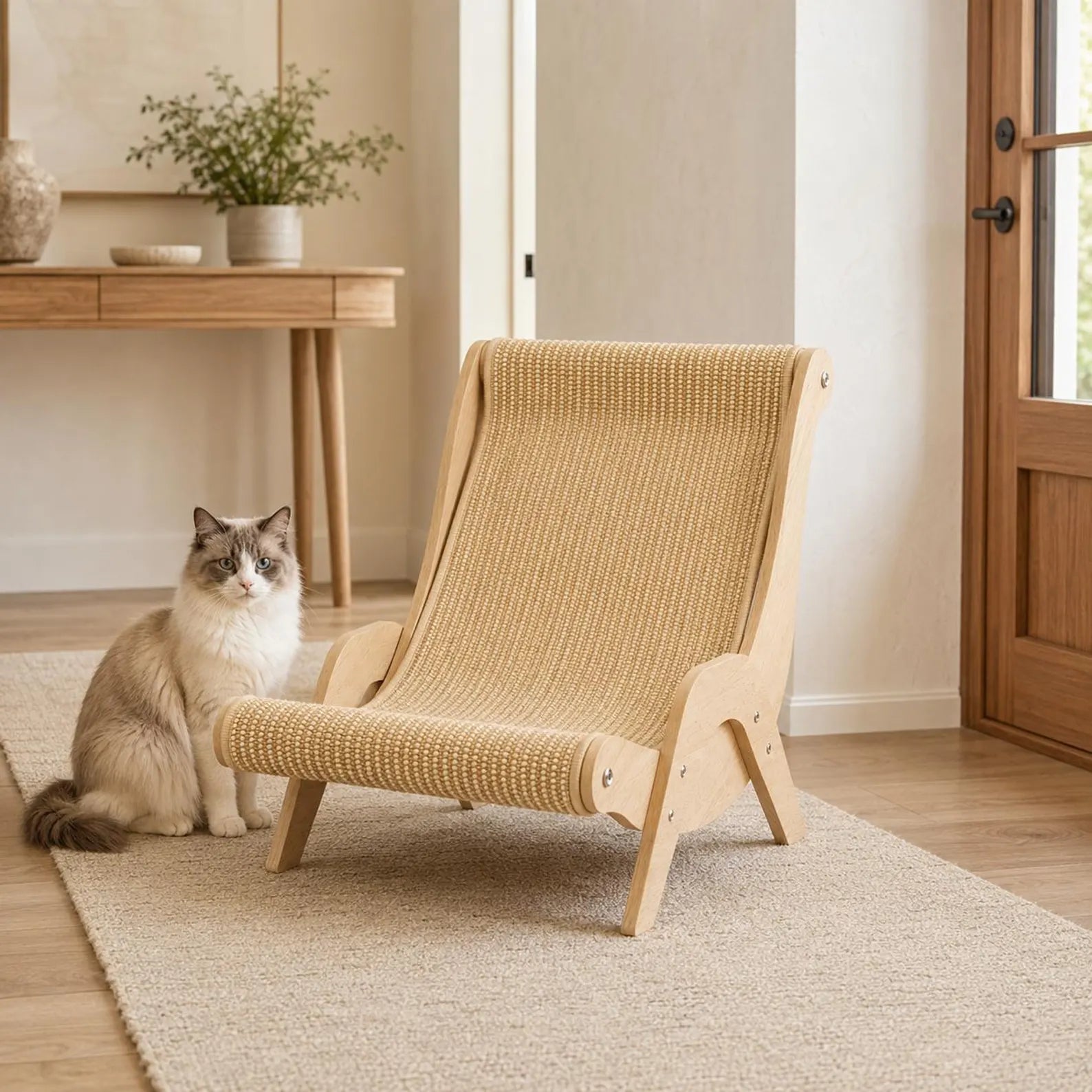 Poltrona tiragraffi per gatti, lettino in legno e sisal per gatti da interno