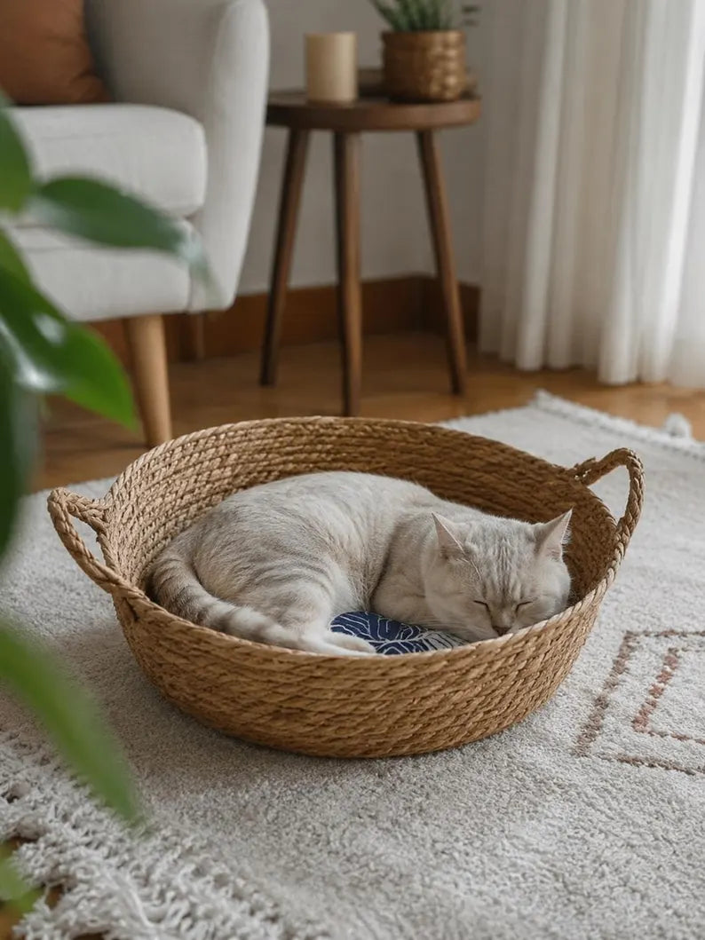 Cuccia per animali in rattan intrecciato a mano | Cesto bohémien per gatti e cani di piccola taglia