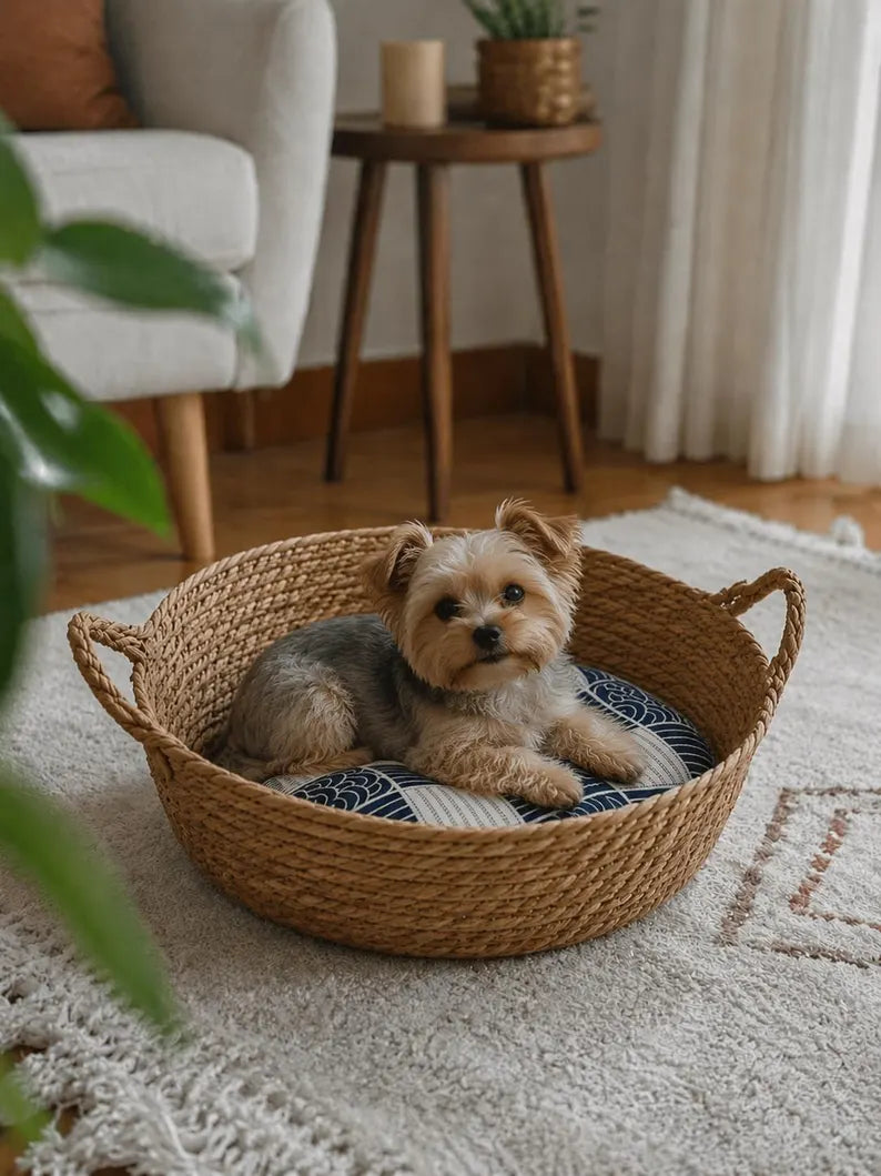 Cuccia per animali in rattan intrecciato a mano | Cesto bohémien per gatti e cani di piccola taglia