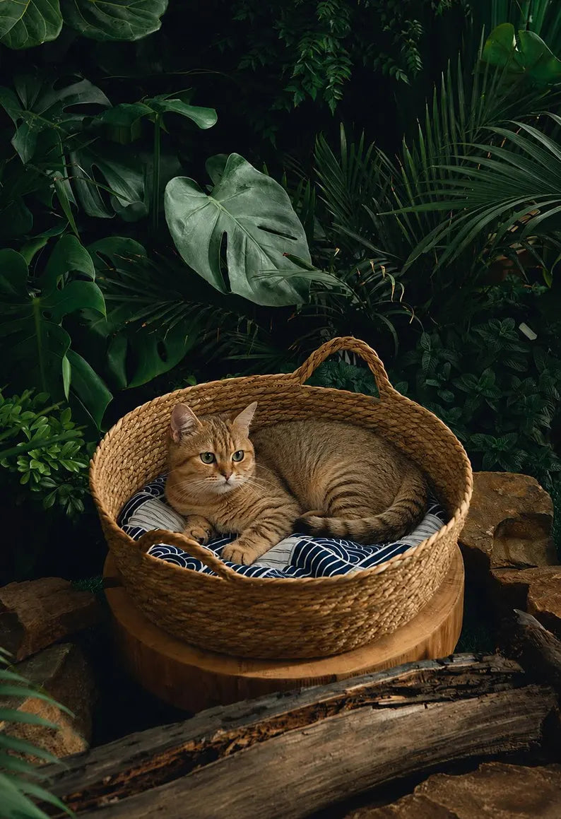 Cuccia per animali in rattan intrecciato a mano | Cesto bohémien per gatti e cani di piccola taglia