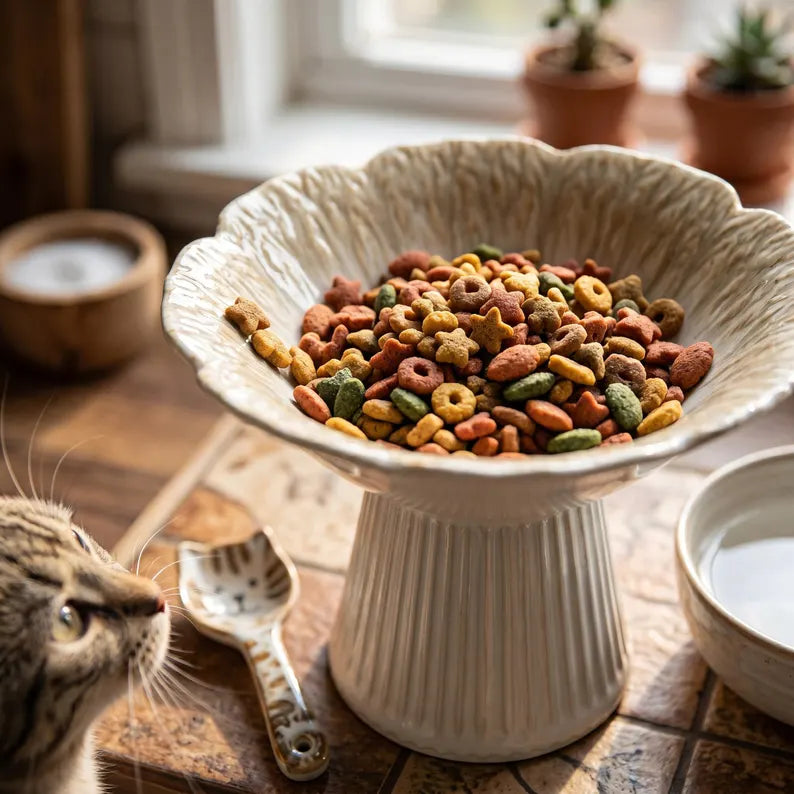 Ciotola rialzata per gatti, mangiatoia alta scanalata su piedistallo per gattini, ciotola a festoni a forma di fiore,