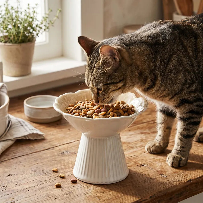 Ciotola rialzata per gatti, mangiatoia alta scanalata su piedistallo per gattini, ciotola a festoni a forma di fiore,