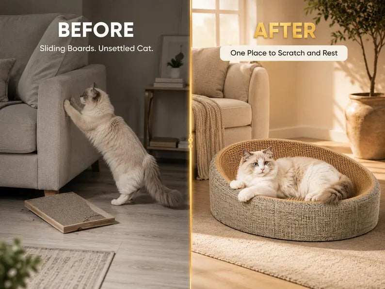 Tiragraffi/cuccia ovale in sisal intrecciato 2 in 1 per gatti, protegge i mobili, supporto durevole per la limatura delle unghie del gatto