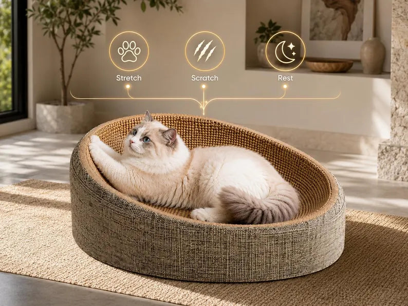 Tiragraffi/cuccia ovale in sisal intrecciato 2 in 1 per gatti, protegge i mobili, supporto durevole per la limatura delle unghie del gatto