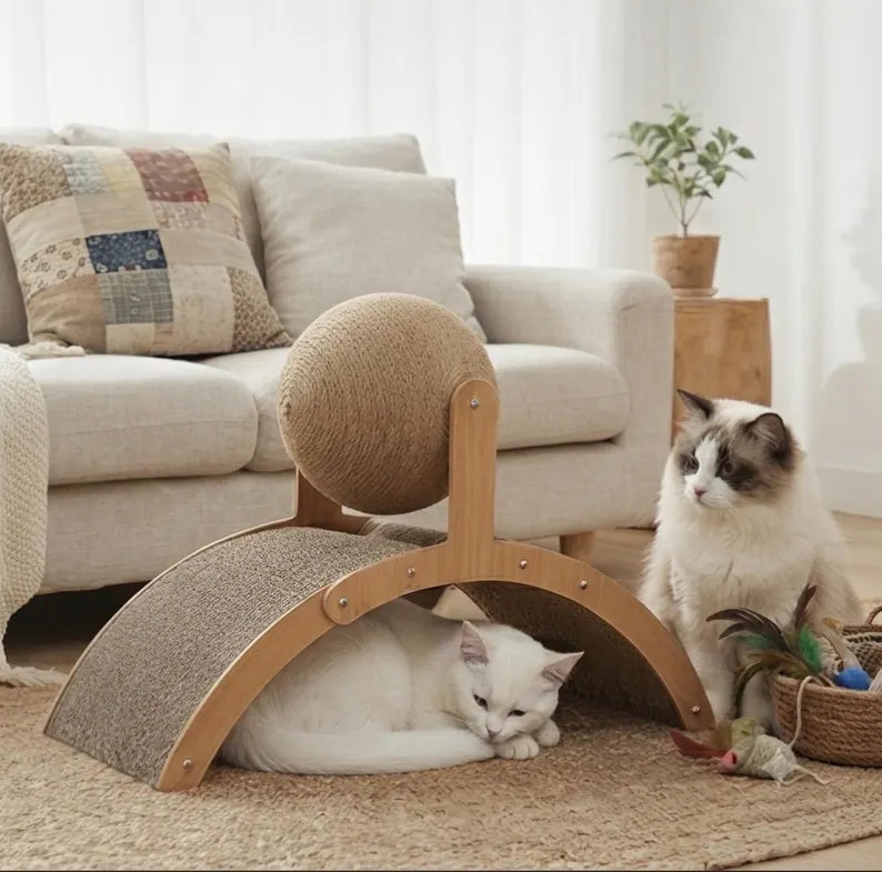 Tiragraffi per gatti fatto a mano in legno, mobile moderno per gatti, cuccia naturale
