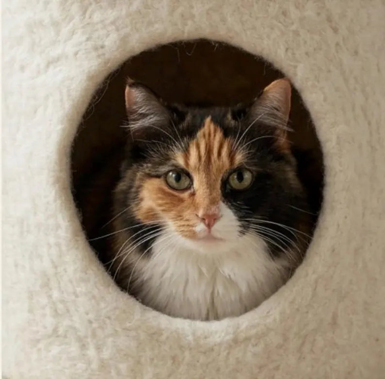 Tiragraffi in legno artigianale per gatti con cesto in rattan – torre moderna in sisal stile bohémien