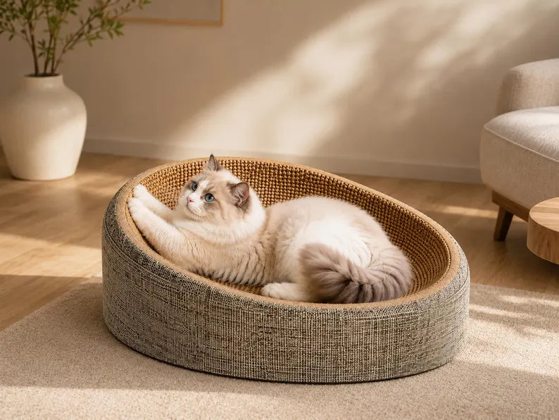 Tiragraffi/cuccia ovale in sisal intrecciato 2 in 1 per gatti, protegge i mobili, supporto durevole per la limatura delle unghie del gatto