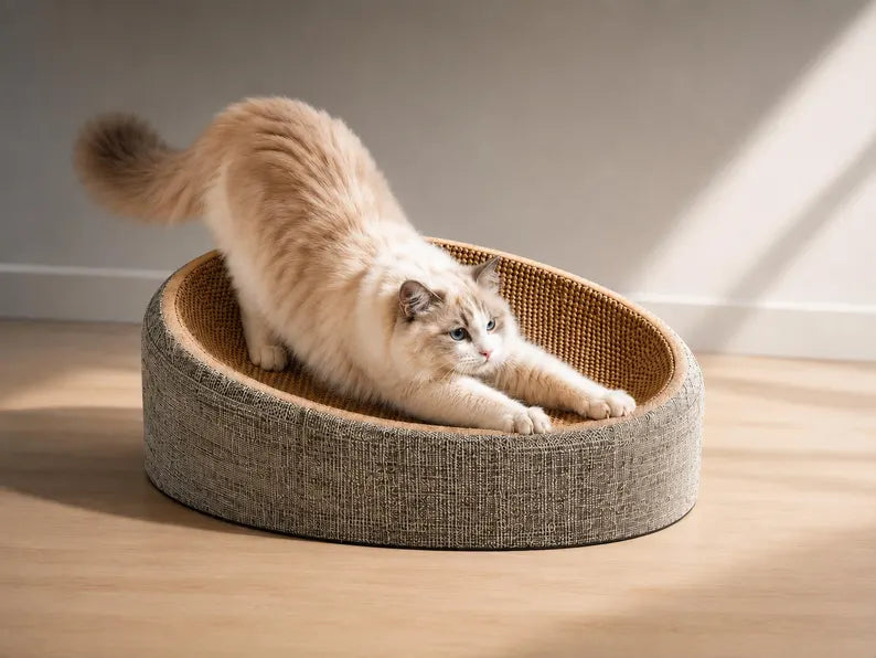 Tiragraffi/cuccia ovale in sisal intrecciato 2 in 1 per gatti, protegge i mobili, supporto durevole per la limatura delle unghie del gatto