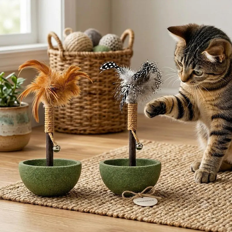 Jouet interactif pour chat avec plume et clochette à l'herbe à chat, jouet à bascule, jouet culbuto en sisal, jouet d'enrichissement pour chat d'intérieur, cadeau pour chaton
