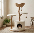 Tiragraffi in legno artigianale per gatti con cesto in rattan – torre moderna in sisal stile bohémien