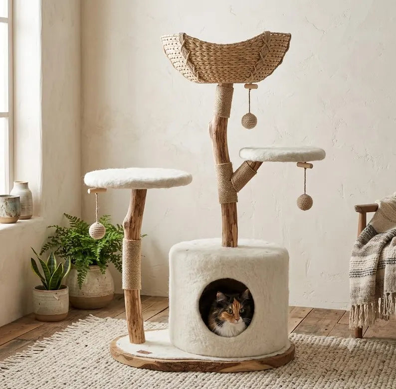 Tiragraffi in legno artigianale per gatti con cesto in rattan – torre moderna in sisal stile bohémien